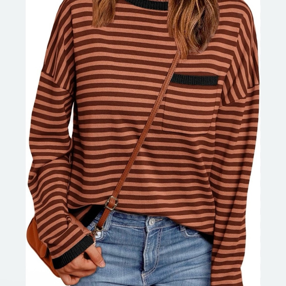 New Striped Knit Women’s Pullover Sweater Black and Brown Long Sleeve